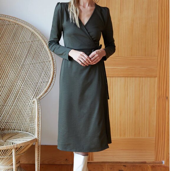 Emerson Fry Ballet Wrap Dress Adjustable Tie Waist Puff Sleeve Olive Green XS